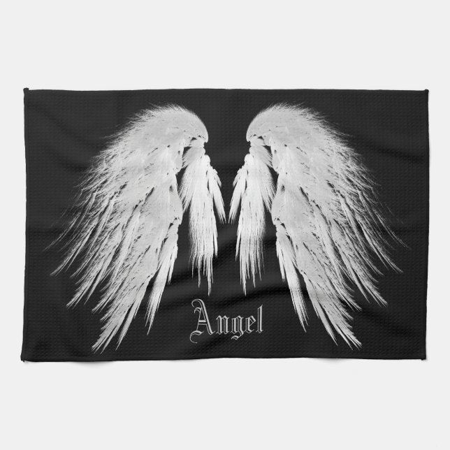 ANGEL WINGS Grey Touched Feathers Custom Name Kitchen Towel (Horizontal)