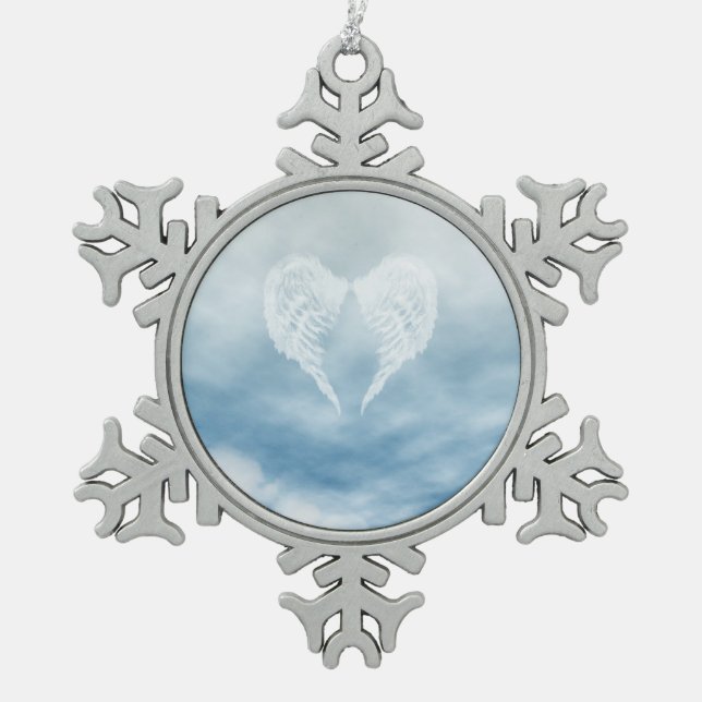 Angel Wings in Cloudy Blue Sky Snowflake Pewter Christmas Ornament (Front)
