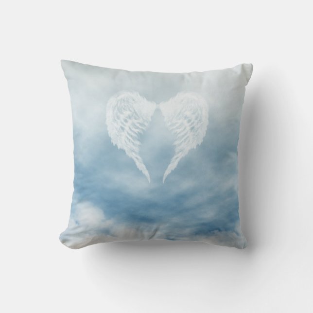 Angel Wings in Cloudy Blue Sky Throw Pillow (Front)