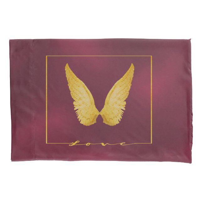 Angel wings in faux gold chic burgundy background pillowcase (Front)