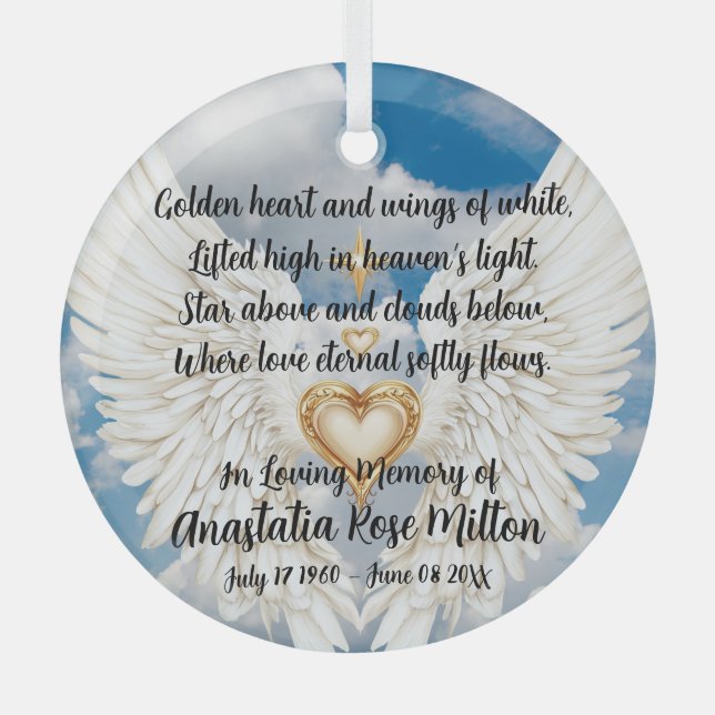 Angel Wings Memorial Design with Golden Heart  Glass Ornament (Front)