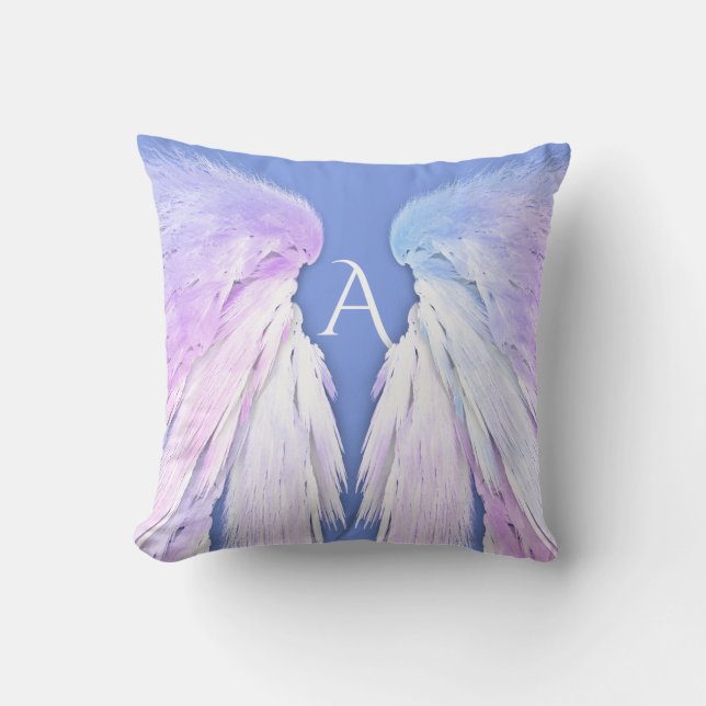 ANGEL WINGS Monogram Soft Blue Pink Dreamy Throw Pillow (Front)