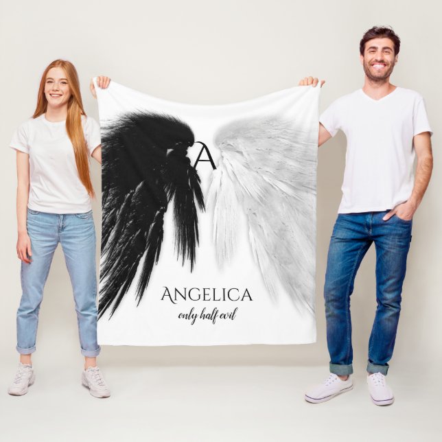 ANGEL WINGS 'Only Half Evil' Monogram Funny Fleece Blanket (In Situ)