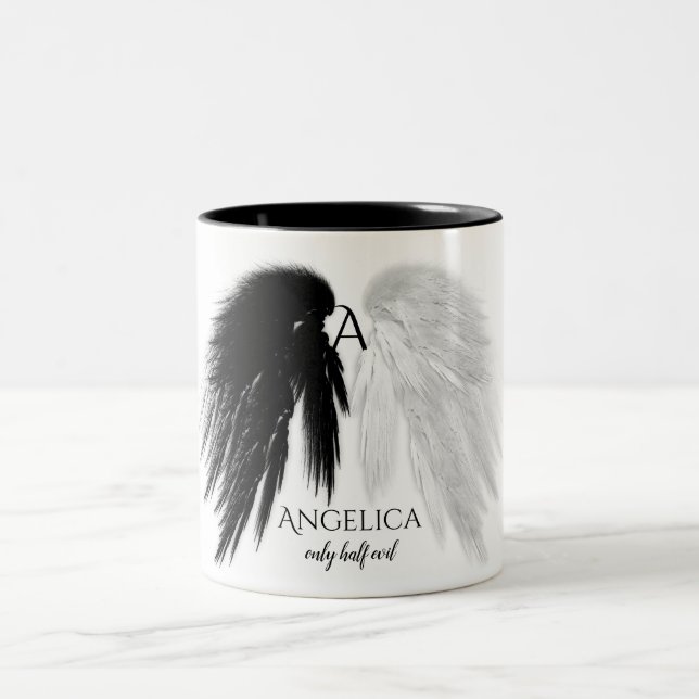 ANGEL WINGS 'Only Half Evil' Monogram Funny Two-Tone Coffee Mug (Center)