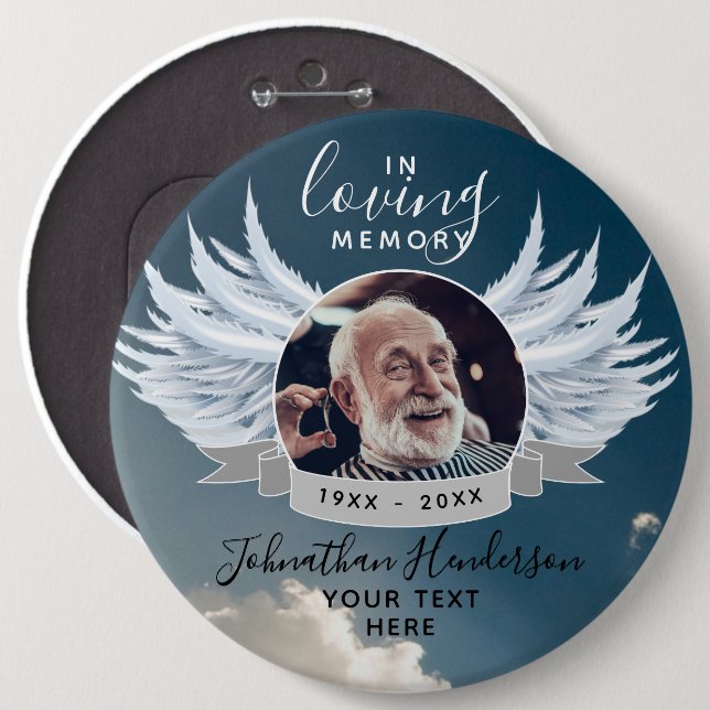 Angel Wings Photo Loving Memory Funeral/Memorial 6 Inch Round Button (Front & Back)
