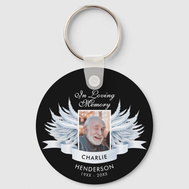 Angel Wings Photo Loving Memory Funeral/Memorial Keychain (Front)
