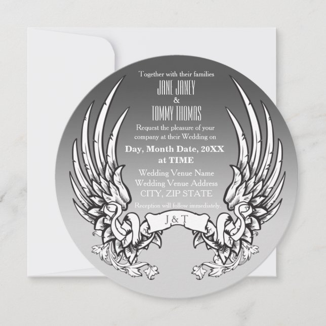 Angel Wings & Ribbon Banner Wedding Invitation (Front)