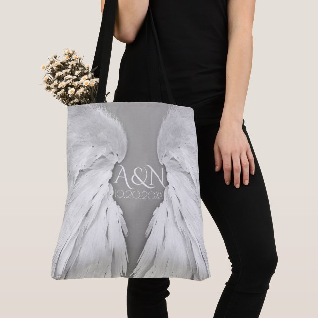 ANGEL WINGS Wedding Initials Elegant Grey Tote Bag (Close Up)