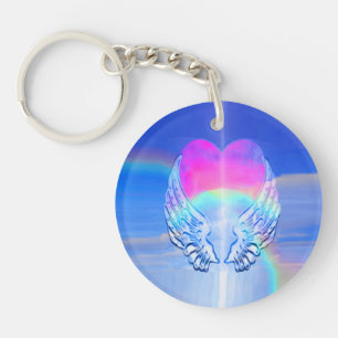 Angel Wings Wrapped Around a Rainbow Heart Keychain