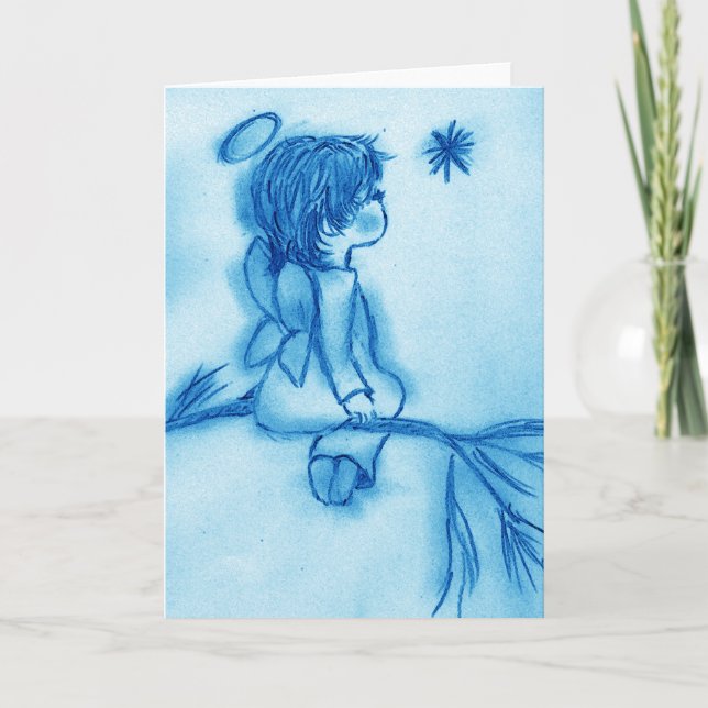 Angel Wishing On A Star - Brighter Blue Tint Holiday Card (Front)