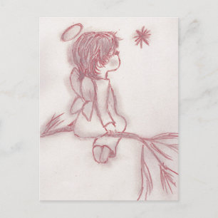 Angel wishing on a star - red and white postcard