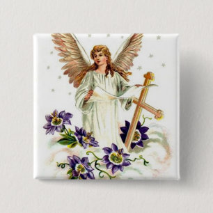 Angel With Cross And Clematis Flowers 6 Cm Round B 2 Inch Square Button