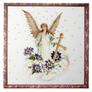 Angel With Cross And Clematis Flowers Ceramic Tile