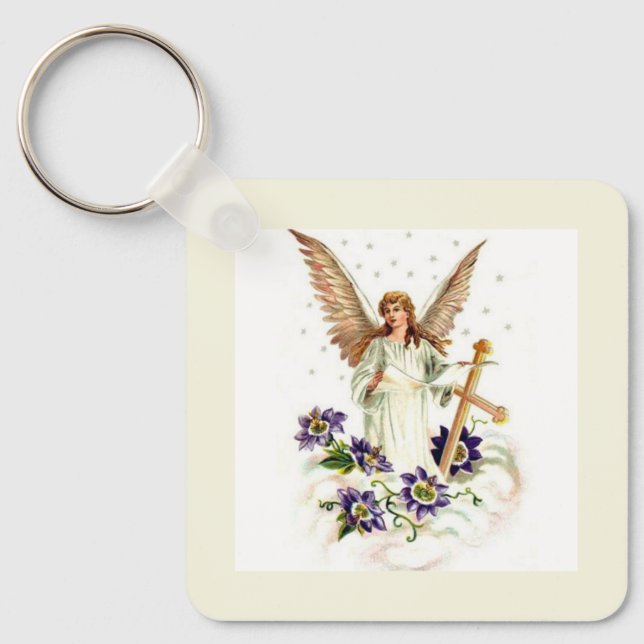 Angel With Cross And Clematis Flowers  Keychain (Front)
