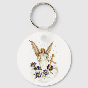 Angel With Cross And Clematis Flowers Keychain