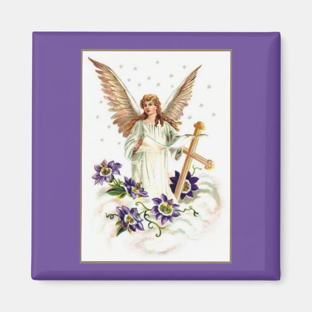 Angel With Cross And Clematis Flowers Magnet (Front)