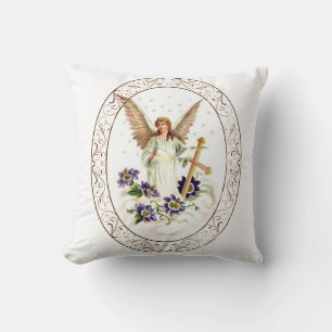 Angel With Cross And Clematis Flowers Throw Pillow