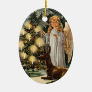 Angel with Deer and Christmas Tree Candles Ceramic Ornament