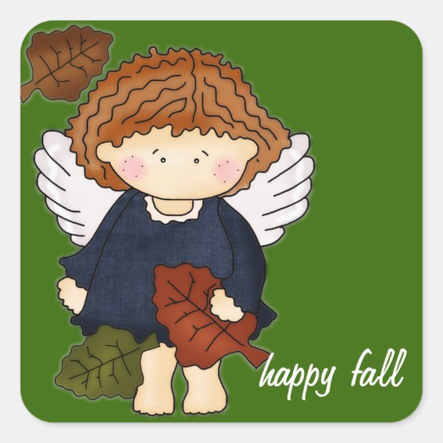 Angel with Falling Leaves Happy Fall Square Sticker (Front)