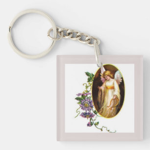 Angel With Harp And Clematis Flowers Keychain