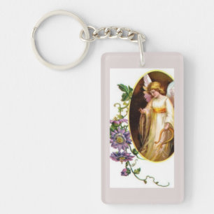 Angel With Harp And Clematis Flowers Keychain