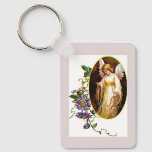 Angel With Harp And Clematis Flowers Keychain