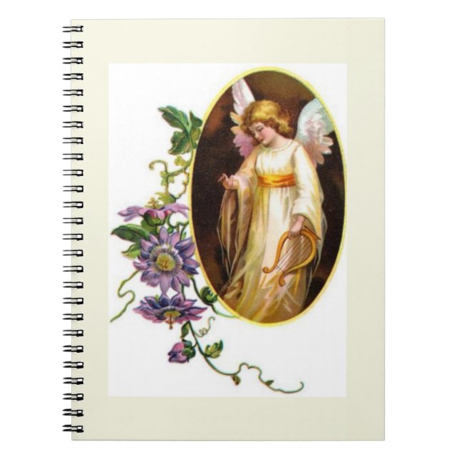 Angel With Harp And Clematis Flowers Notebook (Front)