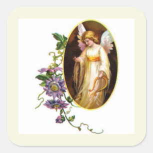 Angel With Harp And Clematis Flowers Square Sticker