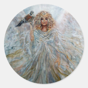 Angel with hawk for good fortune classic round sticker