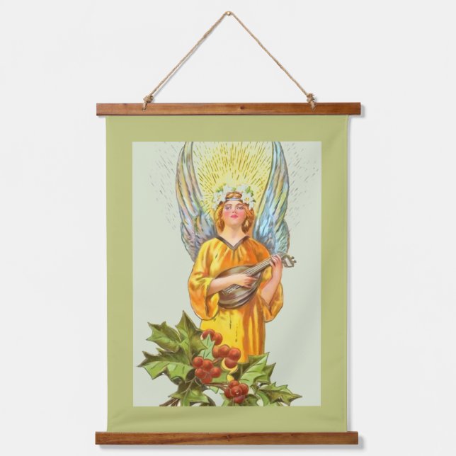 Angel With Holly And Mandolin  Hanging Tapestry (Front)