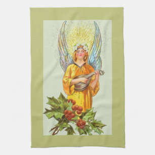 Angel With Holly And Mandolin  Kitchen Towel