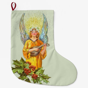 Angel With Holly And Mandolin Large Christmas Stocking