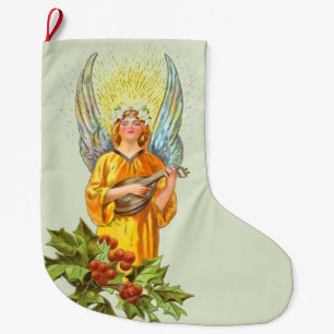 Angel With Holly And Mandolin Large Christmas Stocking