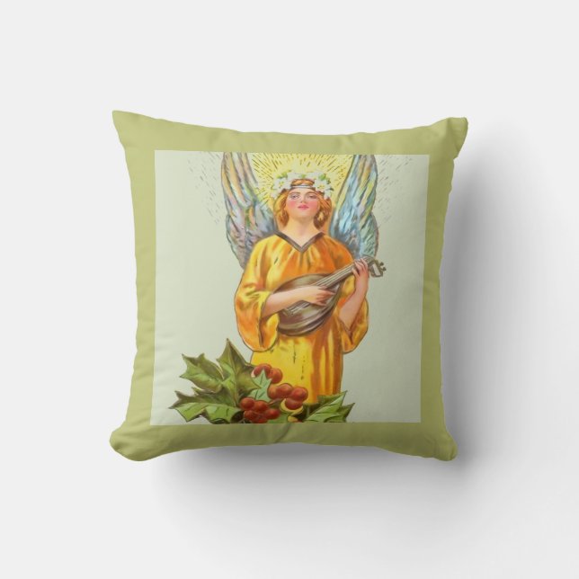Angel With Holly And Mandolin  Throw Pillow (Front)