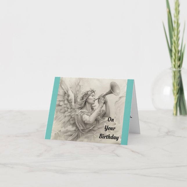 Angel With Horn Birthday Greeting Card (Front)