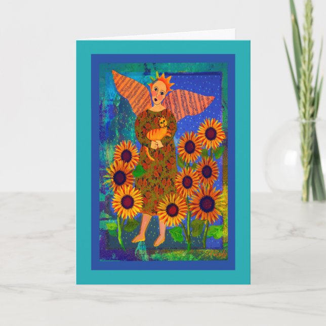 Angel with Orange Tabby Cat and Sunflowers Card (Front)
