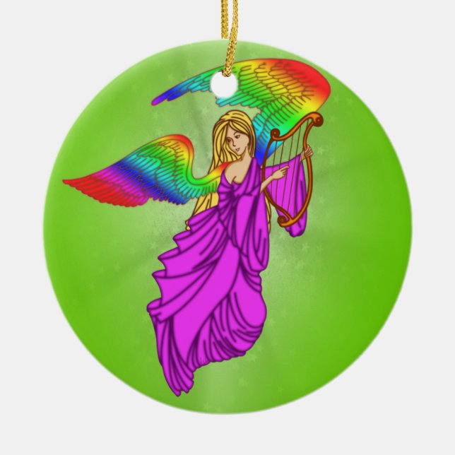 Angel with Rainbow Wings Ceramic Ornament (Front)