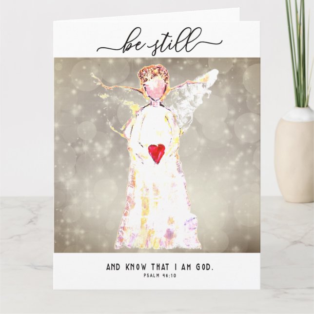 Angel with red heart "Be still and know" Card (Front)