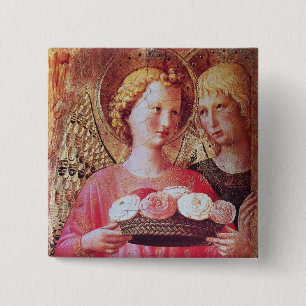 ANGEL WITH ROSES 2 INCH SQUARE BUTTON