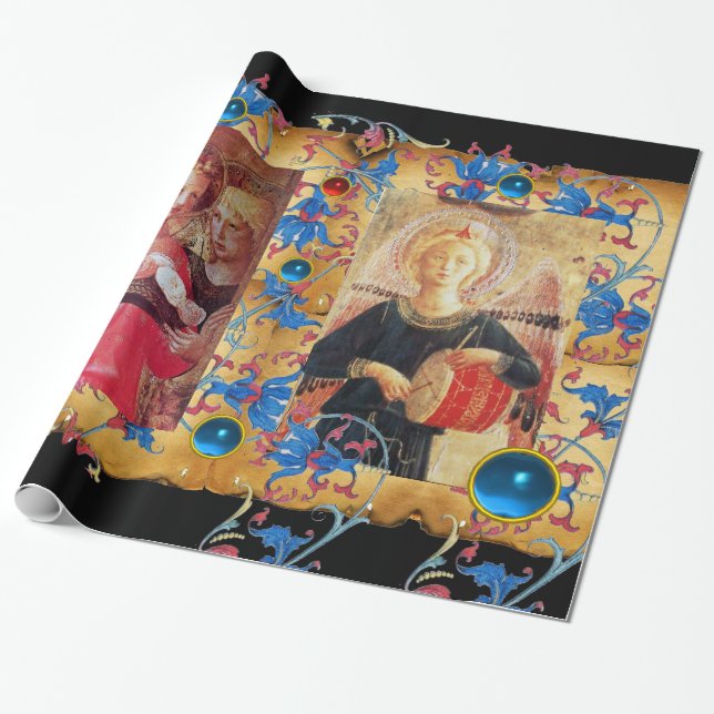 ANGEL WITH ROSES BLUE FLORAL PARCHMENT AND GEMS WRAPPING PAPER (Unrolled)