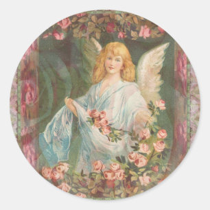 Angel with Roses Classic Round Sticker