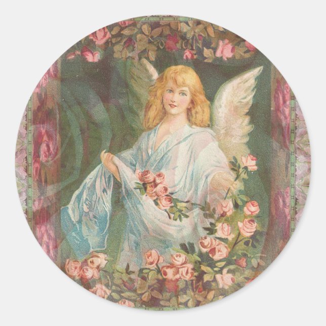 Angel with Roses Classic Round Sticker (Front)