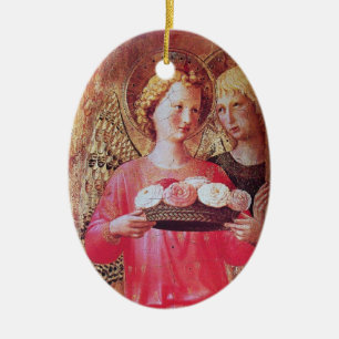 ANGEL WITH ROSES Pink Amethyst Gem stone Ceramic Ornament