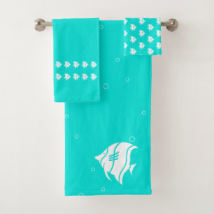 Angelfish  Aqua Teal Blue & white coastal decor Bath Towel Set