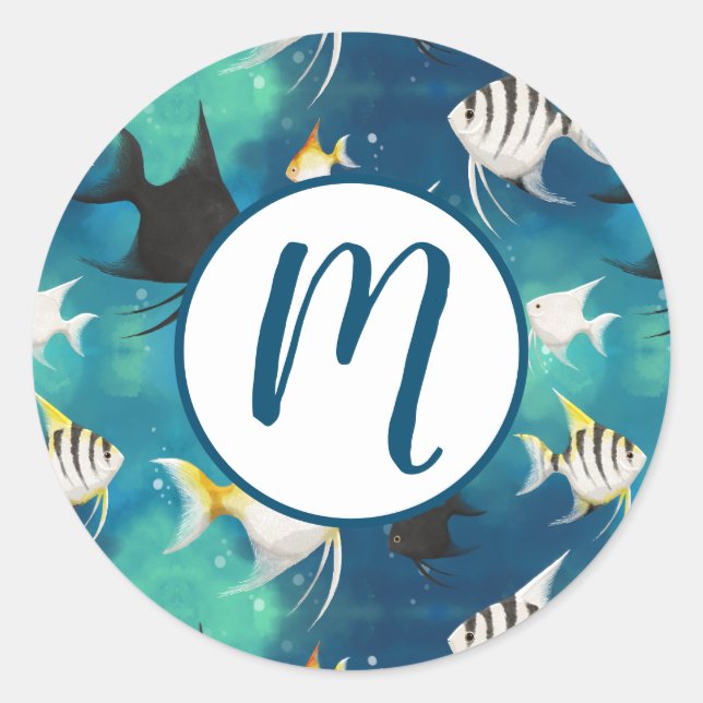 Angelfish Aquarium Pattern Classic Round Sticker (Front)