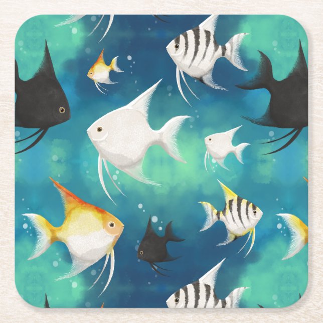 Angelfish Aquarium Pattern Square Paper Coaster (Front)
