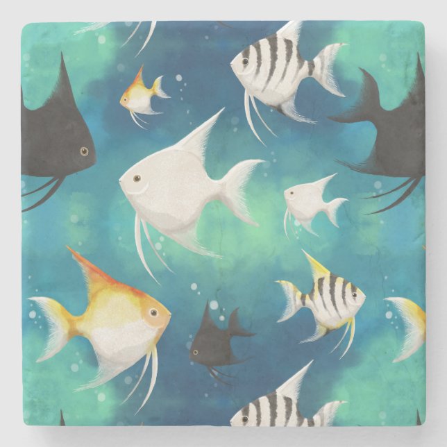 Angelfish Aquarium Pattern Stone Coaster (Front)