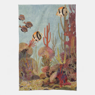 Angelfish in Coral, Vintage Tropical Fish in Ocean Kitchen Towel