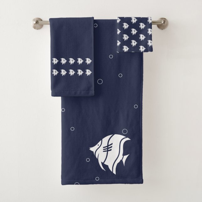 Angelfish  Ocean Blue & white coastal decor Bath Towel Set (Insitu)