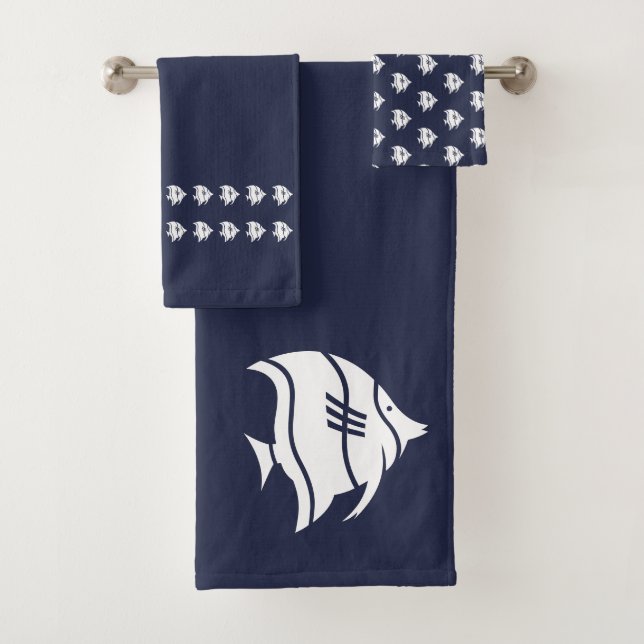 Angelfish  Ocean Blue & white coastal decor Bath Towel Set (Insitu)